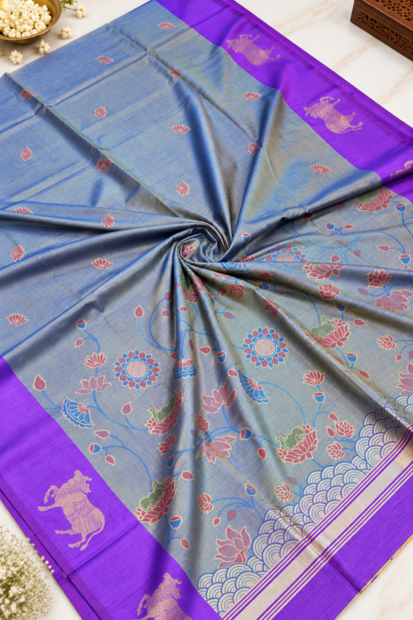 Pichwai Semi Silk - Bluish-Gray & Royal Purple