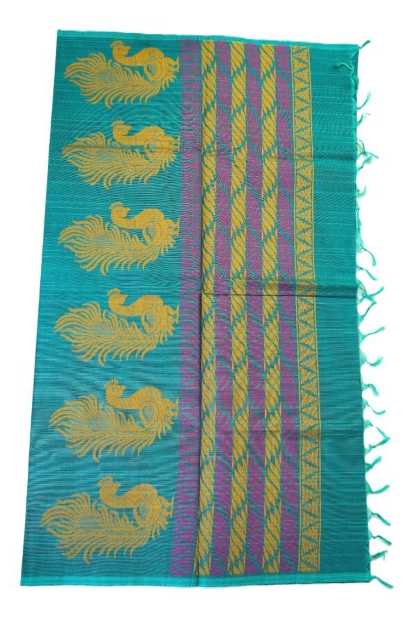 PURE COTTON SAREES - Teal Green with Multicolour Woven Accents