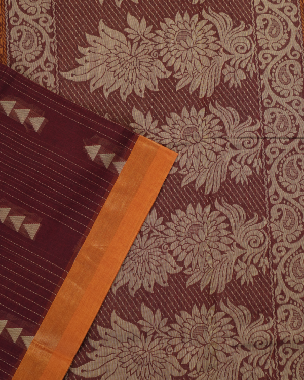 T10 PURE COTTON SAREE - Deep Wine Maroon with Burnt Orange & Antique Gold