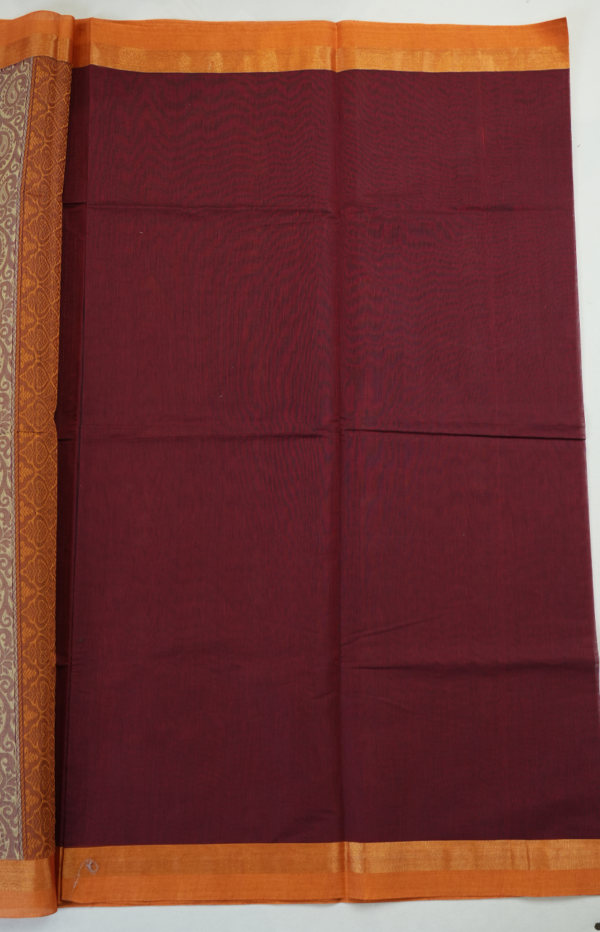 T11 PURE COTTON SAREE - Deep Wine Maroon with Burnt Orange & Antique Gold