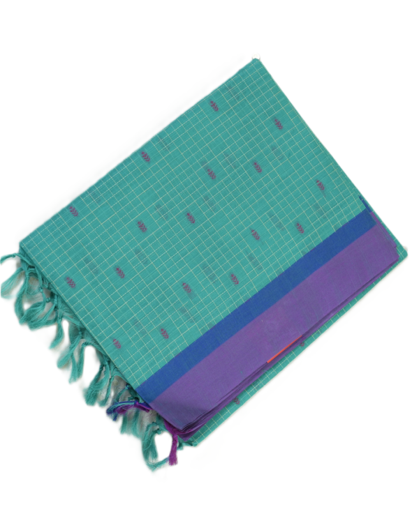 PURE COTTON SAREE - Turquoise Teal with Royal Blue & Lavender Purple