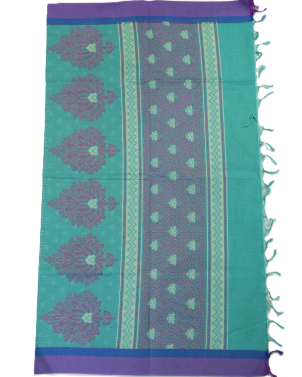 PURE COTTON SAREE - Turquoise Teal with Royal Blue & Lavender Purple