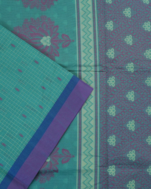 PURE COTTON SAREE - Turquoise Teal with Royal Blue & Lavender Purple