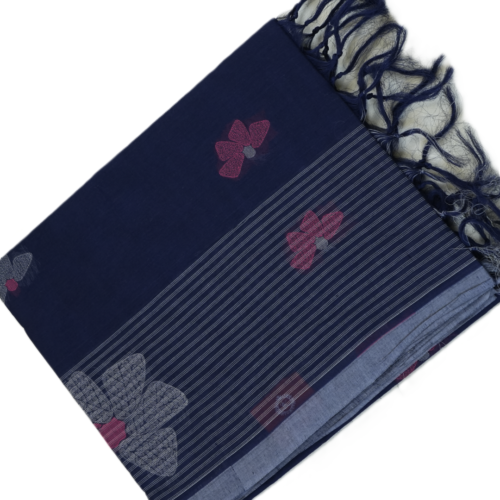 PURE COTTON SAREE - Midnight Navy Blue with Steel Grey & Magenta Pink