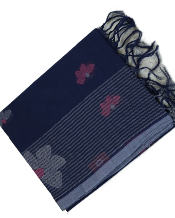PURE COTTON SAREE - Midnight Navy Blue with Steel Grey & Magenta Pink
