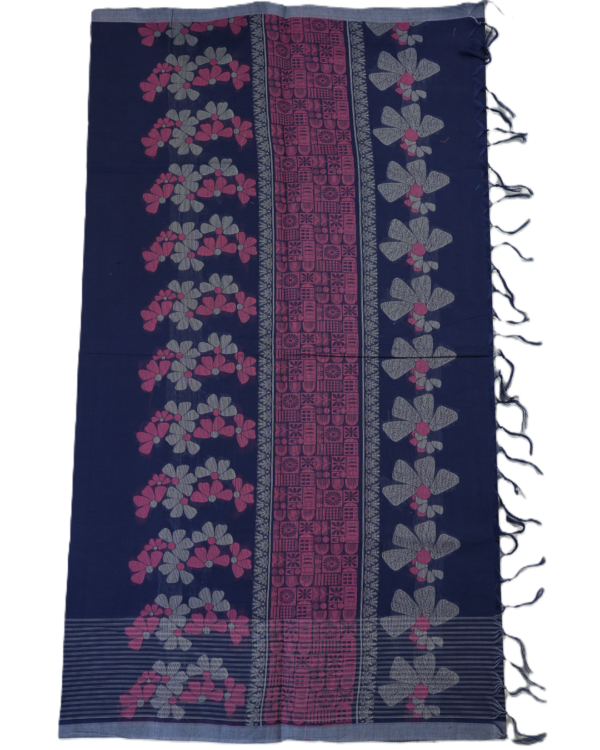 PURE COTTON SAREE - Midnight Navy Blue with Steel Grey & Magenta Pink