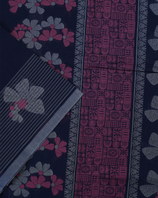 PURE COTTON SAREE - Midnight Navy Blue with Steel Grey & Magenta Pink