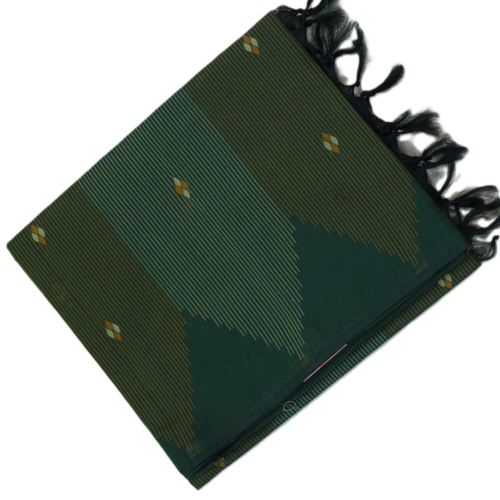 PURE COTTON SAREE - Deep Forest Green with Mustard Yellow & Gold