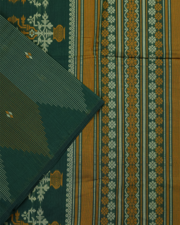 T27 PURE COTTON SAREE - Deep Forest Green with Mustard Yellow & Gold