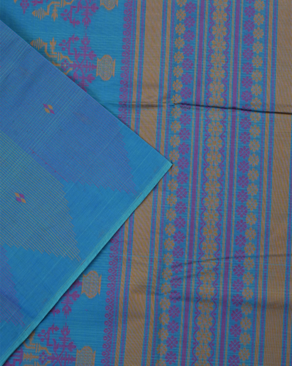 PURE COTTON SAREE - Turquoise Blue with Royal Blue & Purple