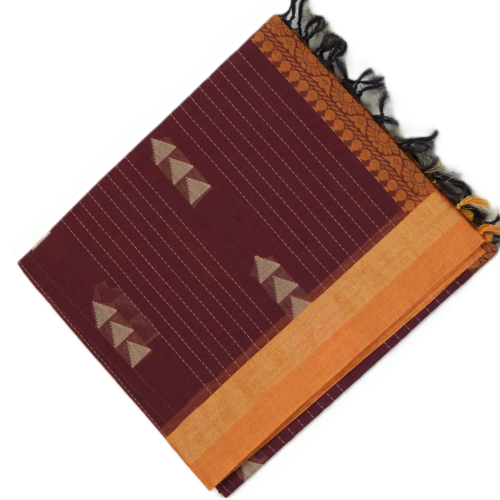 PURE COTTON SAREE - Deep Wine Maroon with Burnt Orange & Antique Gold