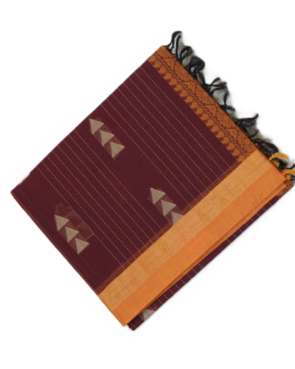 T8 PURE COTTON SAREE - Deep Wine Maroon with Burnt Orange & Antique Gold