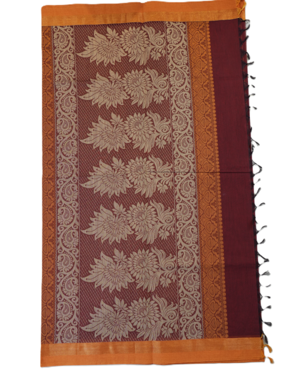T9 PURE COTTON SAREE - Deep Wine Maroon with Burnt Orange & Antique Gold