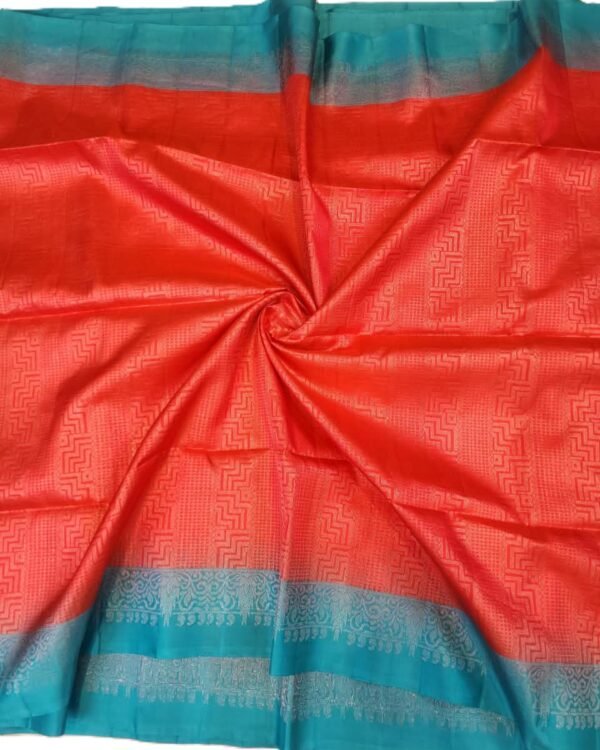 SOFT SILK SAREES - Coral Red with Turquoise Blue