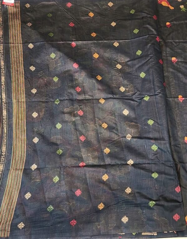 PURE COTTON SAREE -  Charcoal Black with Multicolor Floral & Fruit Motifs