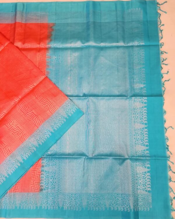 SOFT SILK SAREES - Coral Red with Turquoise Blue
