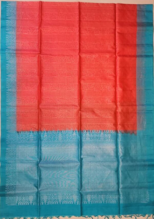 SOFT SILK SAREES - Coral Red with Turquoise Blue