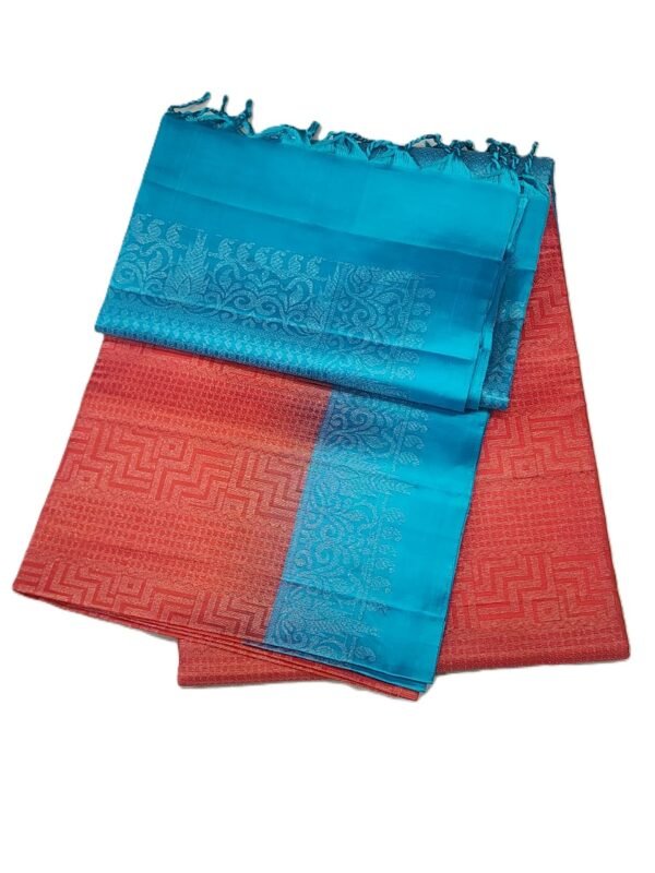 SOFT SILK SAREES - Coral Red with Turquoise Blue