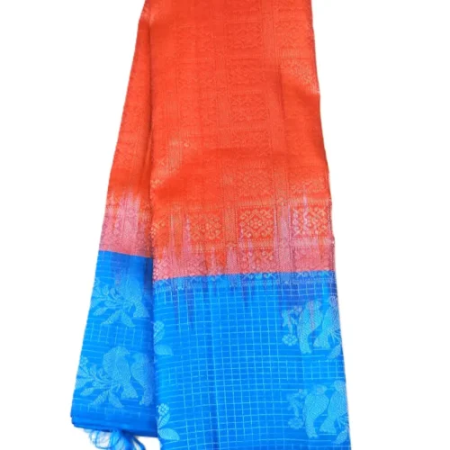 TA65 SOFT SILK SAREE - Coral Orange with Bright Royal Blue Contrast