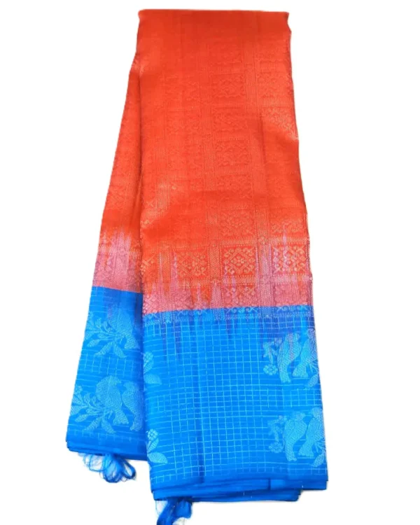 SOFT SILK SAREE - Coral Orange with Bright Royal Blue Contrast