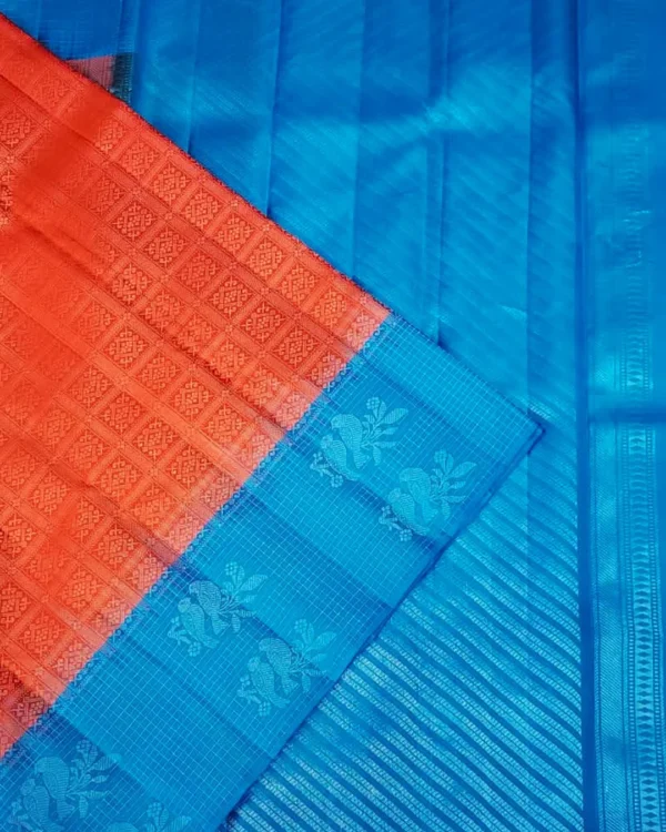 SOFT SILK SAREE - Coral Orange with Bright Royal Blue Contrast