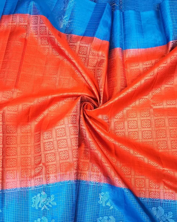 SOFT SILK SAREE - Coral Orange with Bright Royal Blue Contrast