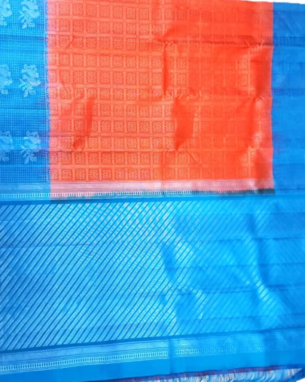 SOFT SILK SAREE - Coral Orange with Bright Royal Blue Contrast
