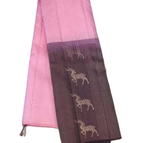 SOFT SILK SAREE - Pastel Baby Pink with Deep Plum