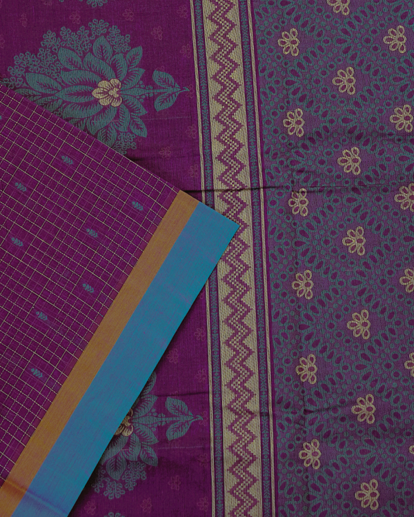 TAMIL11 PURE COTTON - Wine Purple with Sky Blue