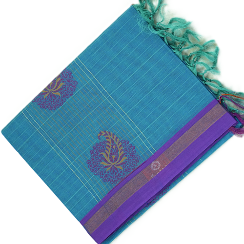 TAMIL5 PURE COTTON - Turquoise Blue with Purple