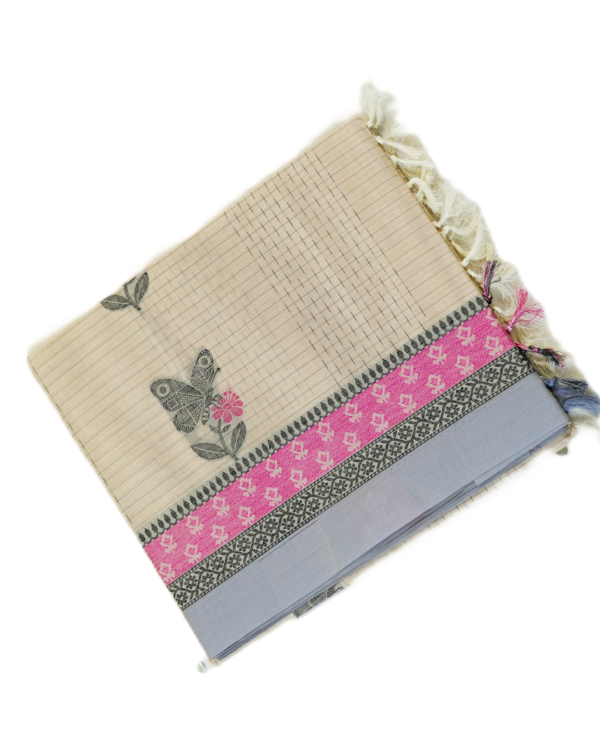 Untitled-1 PURE COTTON SAREES - Beige Grey with Pink & Charcoal Grey