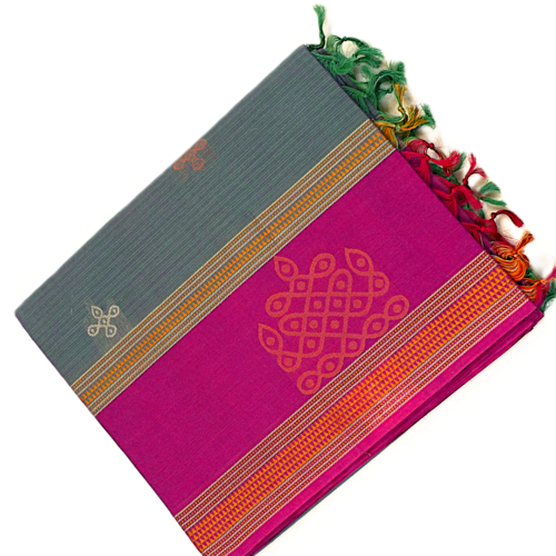PURE COTTON SAREE - Charcoal Grey with Rani Pink
