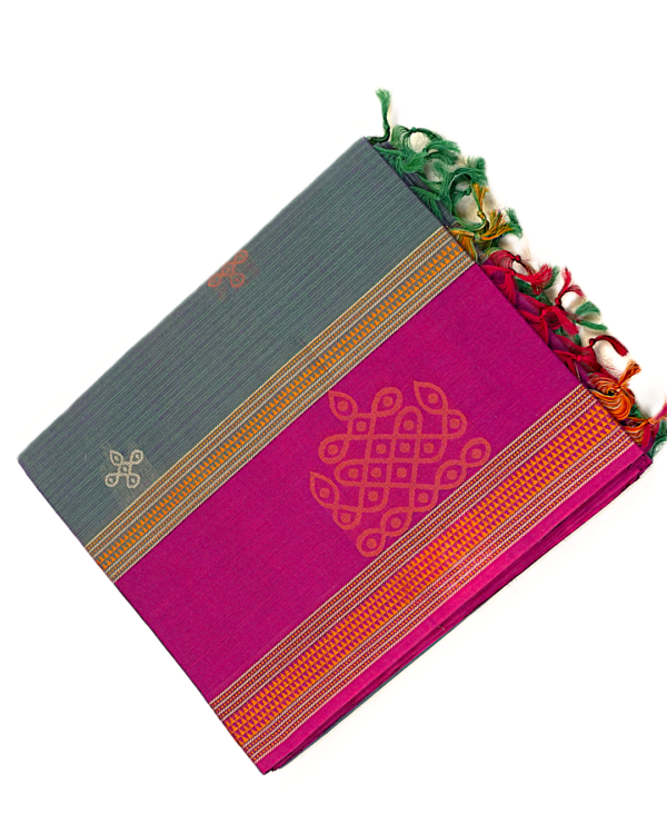 Untitled-1.png1-1 PURE COTTON SAREE - Charcoal Grey with Rani Pink