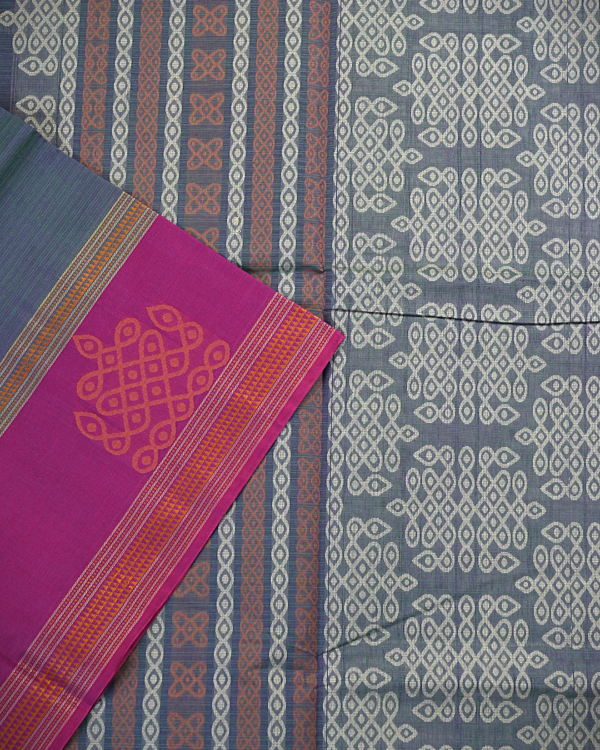 Untitled-1.png3-2 PURE COTTON SAREE - Charcoal Grey with Rani Pink