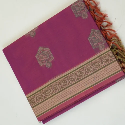 PURE COTTON SAREES - Plum with Olive Green & Antique Gold