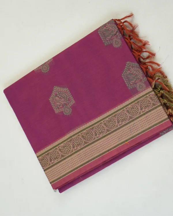 PURE COTTON SAREES - Plum with Olive Green & Antique Gold
