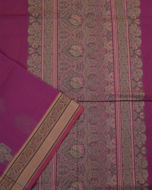 PURE COTTON SAREES - Plum with Olive Green & Antique Gold