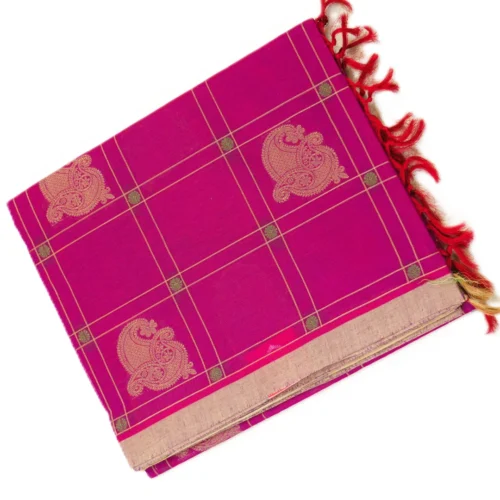 PURE COTTON SAREES - Magenta with Antique Gold & Beige