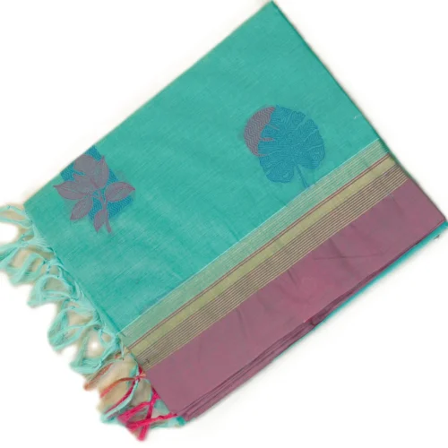 PURE COTTON SAREES - Sea Green with Mauve Purple & Olive Gold