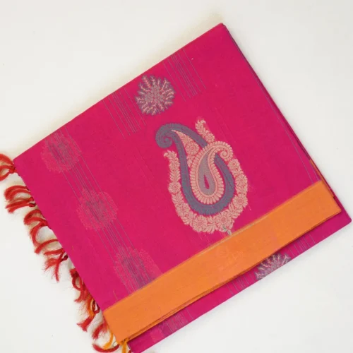 PURE COTTON SAREES - Magenta Pink with Orange & Antique Gold