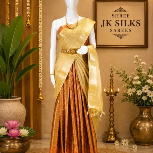 h2 HALF SAREE - Golden Yellow with Rust Orange