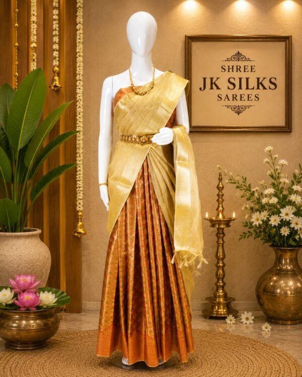 h2 HALF SAREE - Golden Yellow with Rust Orange