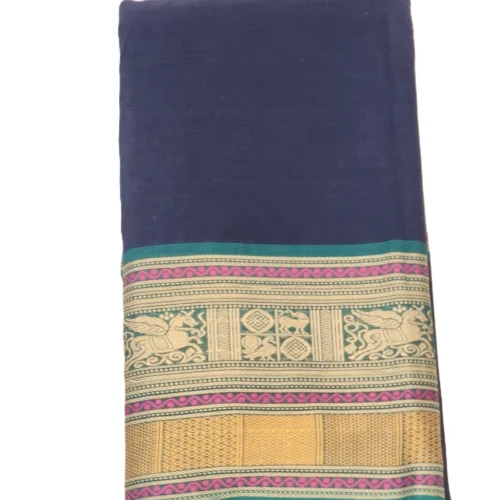 CHETTINAD COTTON SAREES  - Navy Blue with Teal Green, Mustard Gold & Pink