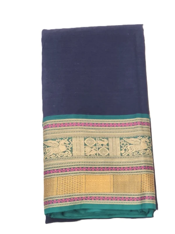 ta.15 CHETTINAD COTTON SAREES - Navy Blue with Teal Green, Mustard Gold & Pink