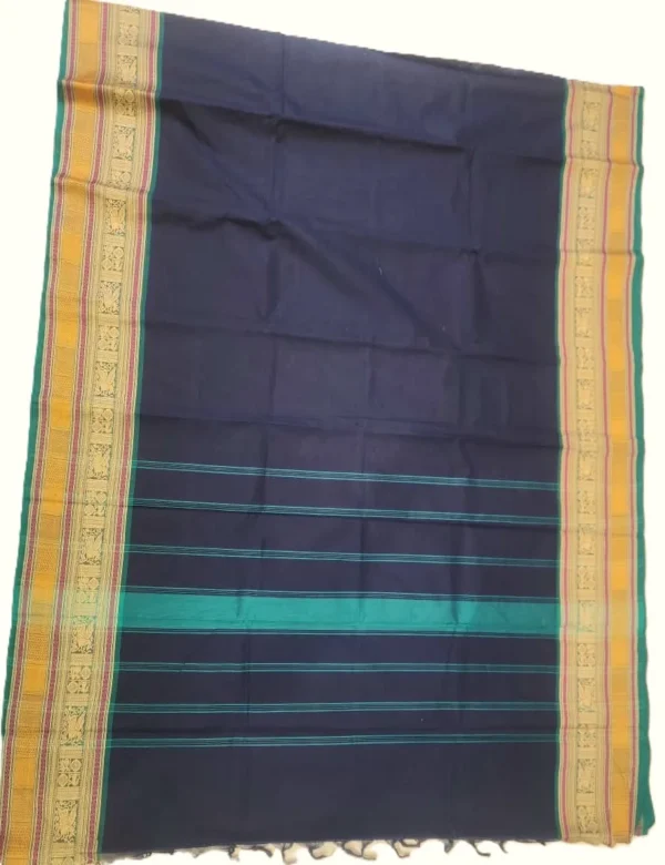 ta.16 CHETTINAD COTTON SAREES - Navy Blue with Teal Green, Mustard Gold & Pink