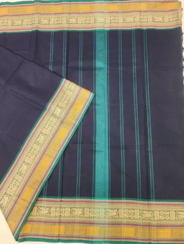 ta.17 CHETTINAD COTTON SAREES - Navy Blue with Teal Green, Mustard Gold & Pink