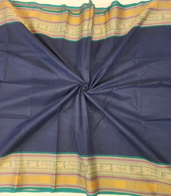 ta.18 CHETTINAD COTTON SAREES - Navy Blue with Teal Green, Mustard Gold & Pink