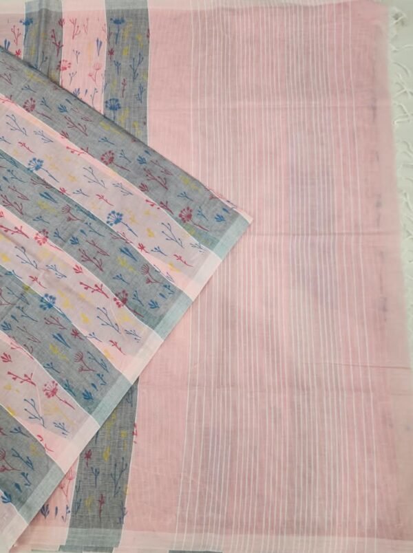 ta16 COTTON SAREES - Peach Pink with Grey and Multicolour Floral Print
