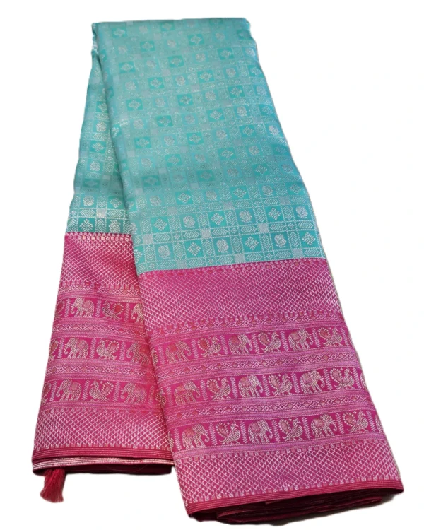 Kanchipuram silks - Aqua Blue with Rani Pink & Silver Zari