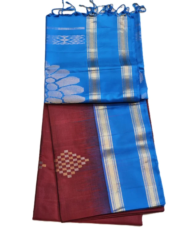 SOFT SILK SAREES - Royal Blue with Wine Maroon & Antique Gold